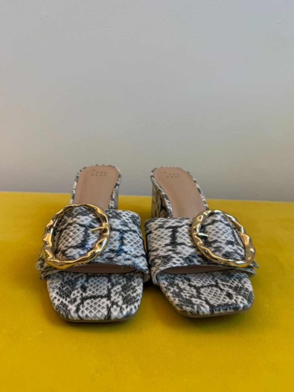 A New Day Snakeskin Mule Heels Size 9 Statement Buckle Block Heel